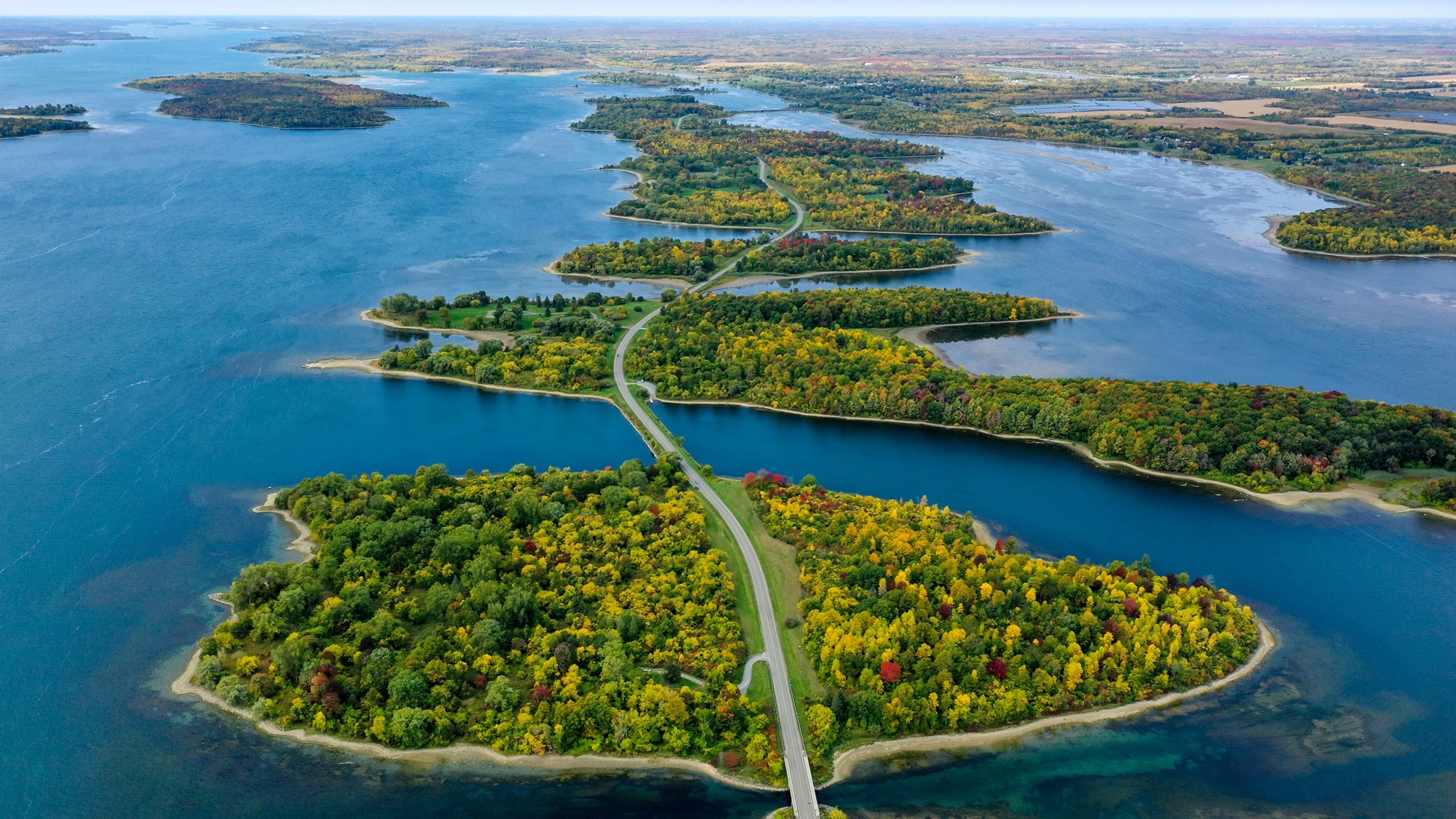 Aerial view of the Long Sault Parkway during fall.